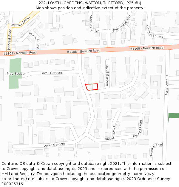 222, LOVELL GARDENS, WATTON, THETFORD, IP25 6UJ: Location map and indicative extent of plot