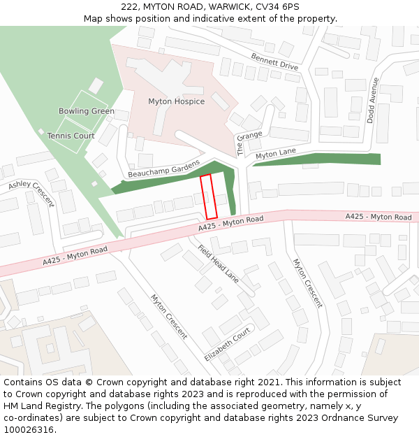 222, MYTON ROAD, WARWICK, CV34 6PS: Location map and indicative extent of plot