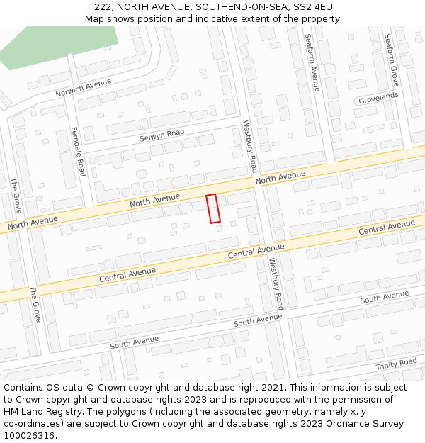 222, NORTH AVENUE, SOUTHEND-ON-SEA, SS2 4EU: Location map and indicative extent of plot