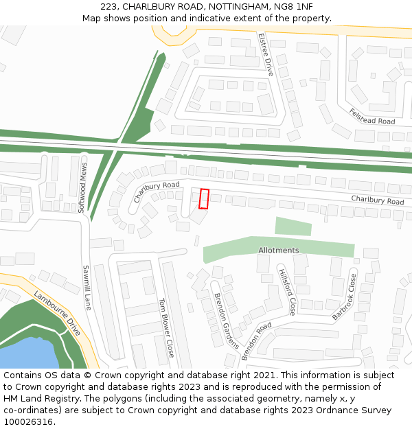 223, CHARLBURY ROAD, NOTTINGHAM, NG8 1NF: Location map and indicative extent of plot