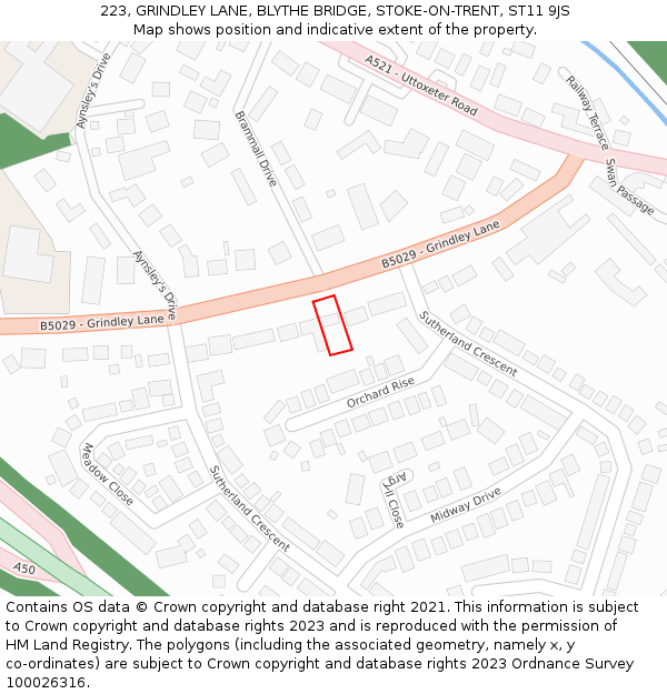 223, GRINDLEY LANE, BLYTHE BRIDGE, STOKE-ON-TRENT, ST11 9JS: Location map and indicative extent of plot