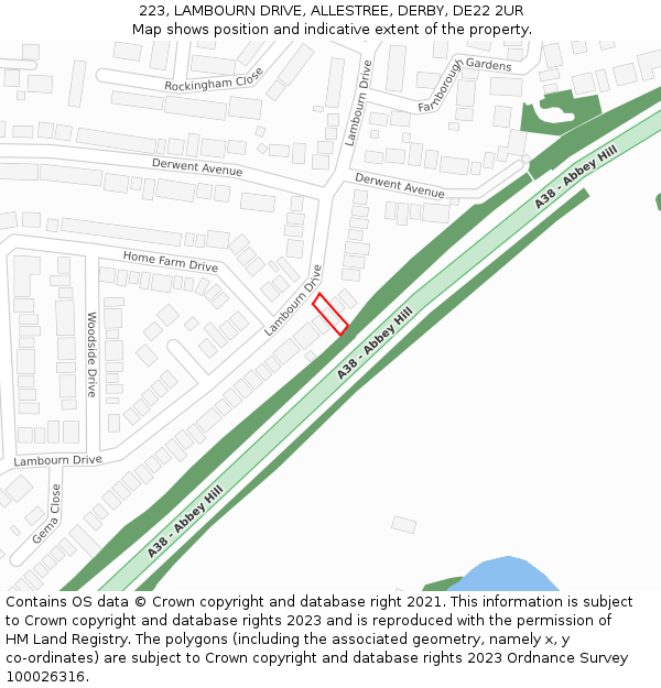 223, LAMBOURN DRIVE, ALLESTREE, DERBY, DE22 2UR: Location map and indicative extent of plot