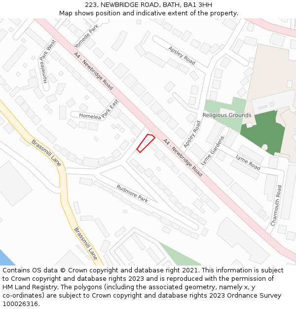 223, NEWBRIDGE ROAD, BATH, BA1 3HH: Location map and indicative extent of plot