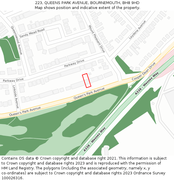 223, QUEENS PARK AVENUE, BOURNEMOUTH, BH8 9HD: Location map and indicative extent of plot