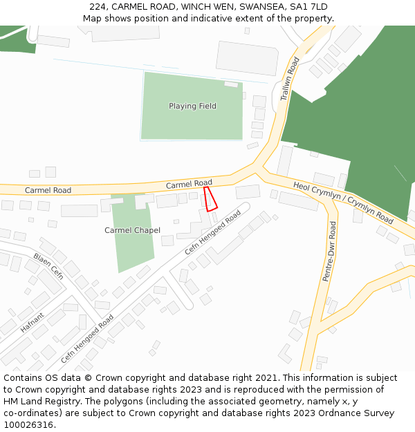 224, CARMEL ROAD, WINCH WEN, SWANSEA, SA1 7LD: Location map and indicative extent of plot