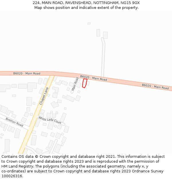 224, MAIN ROAD, RAVENSHEAD, NOTTINGHAM, NG15 9GX: Location map and indicative extent of plot