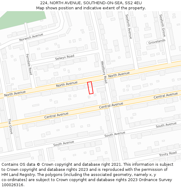 224, NORTH AVENUE, SOUTHEND-ON-SEA, SS2 4EU: Location map and indicative extent of plot