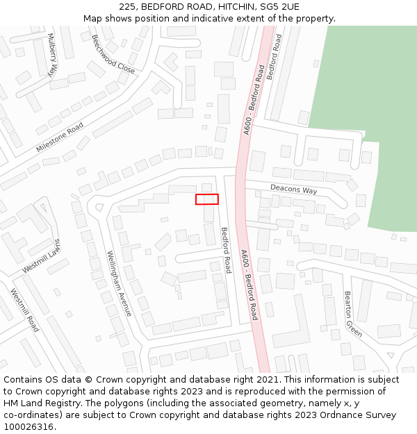 225, BEDFORD ROAD, HITCHIN, SG5 2UE: Location map and indicative extent of plot