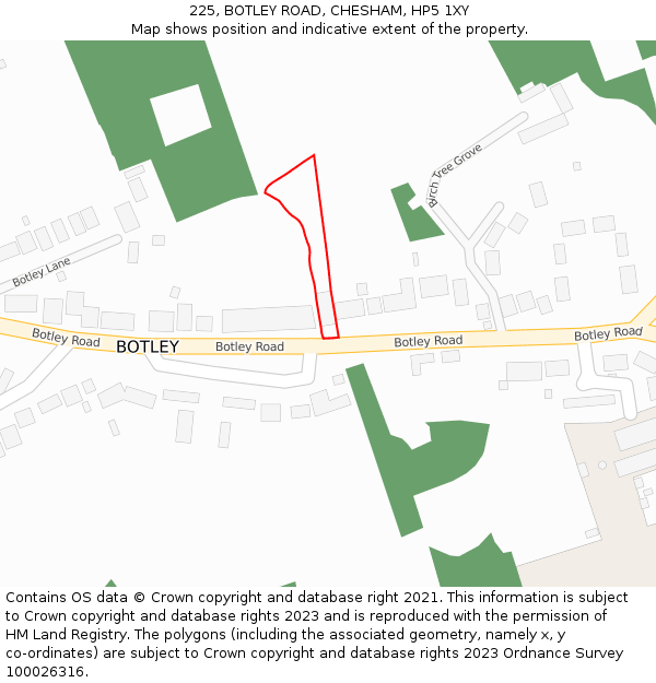 225, BOTLEY ROAD, CHESHAM, HP5 1XY: Location map and indicative extent of plot