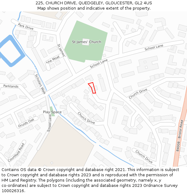 225, CHURCH DRIVE, QUEDGELEY, GLOUCESTER, GL2 4US: Location map and indicative extent of plot