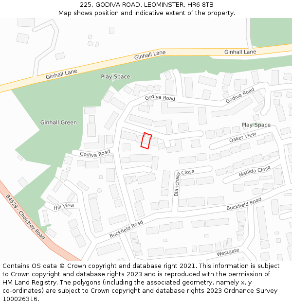 225, GODIVA ROAD, LEOMINSTER, HR6 8TB: Location map and indicative extent of plot