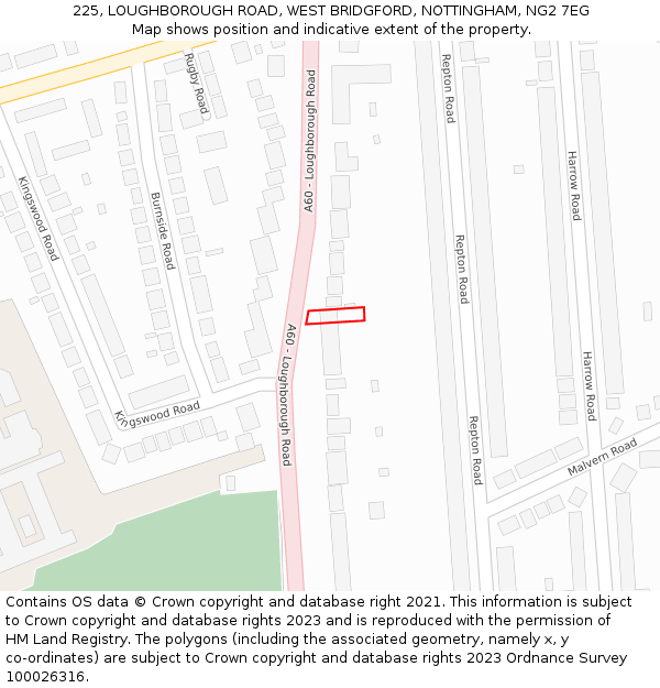 225, LOUGHBOROUGH ROAD, WEST BRIDGFORD, NOTTINGHAM, NG2 7EG: Location map and indicative extent of plot