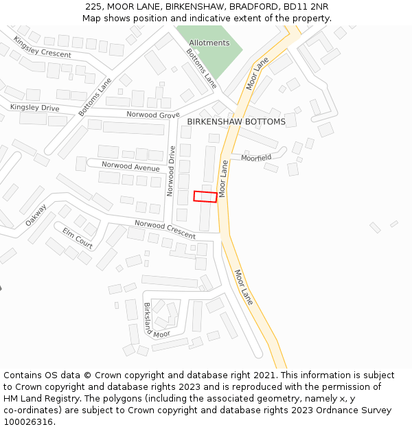 225, MOOR LANE, BIRKENSHAW, BRADFORD, BD11 2NR: Location map and indicative extent of plot