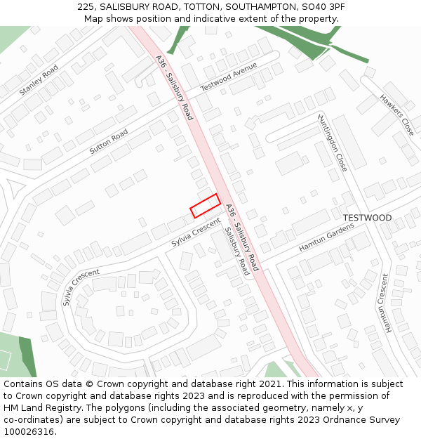 225, SALISBURY ROAD, TOTTON, SOUTHAMPTON, SO40 3PF: Location map and indicative extent of plot