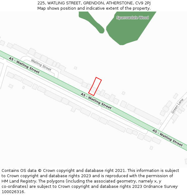 225, WATLING STREET, GRENDON, ATHERSTONE, CV9 2PJ: Location map and indicative extent of plot