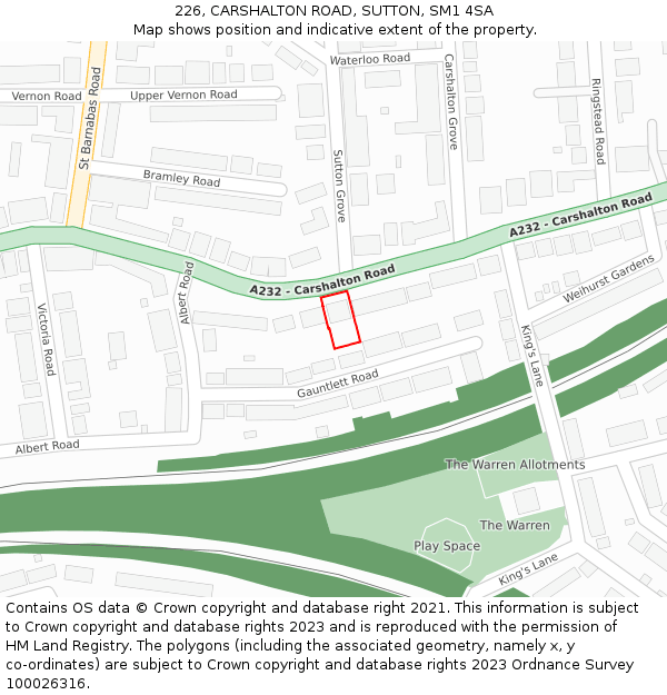 226, CARSHALTON ROAD, SUTTON, SM1 4SA: Location map and indicative extent of plot