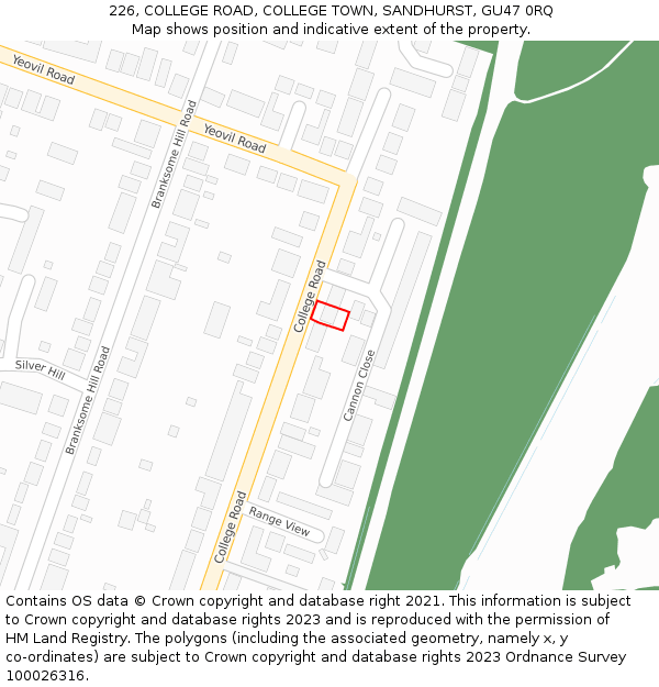 226, COLLEGE ROAD, COLLEGE TOWN, SANDHURST, GU47 0RQ: Location map and indicative extent of plot