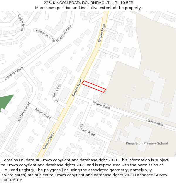 226, KINSON ROAD, BOURNEMOUTH, BH10 5EP: Location map and indicative extent of plot