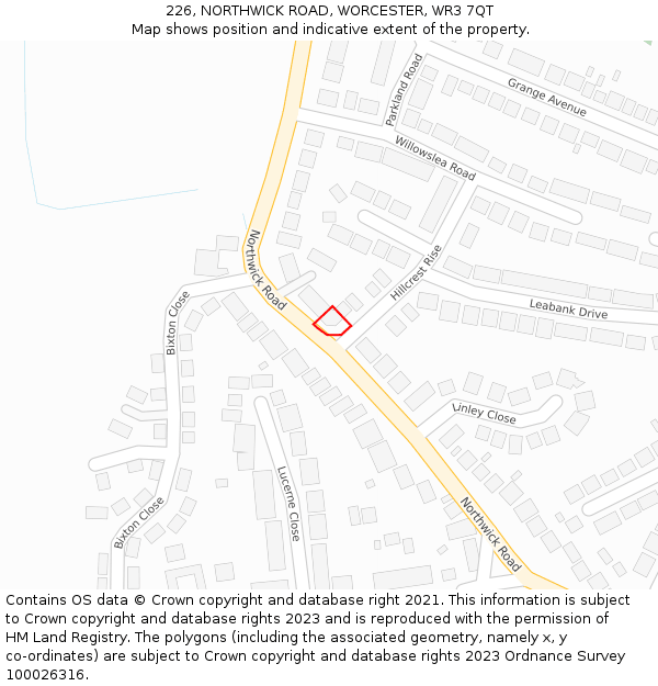 226, NORTHWICK ROAD, WORCESTER, WR3 7QT: Location map and indicative extent of plot