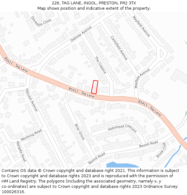 226, TAG LANE, INGOL, PRESTON, PR2 3TX: Location map and indicative extent of plot