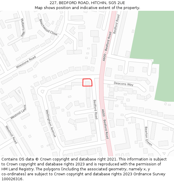 227, BEDFORD ROAD, HITCHIN, SG5 2UE: Location map and indicative extent of plot