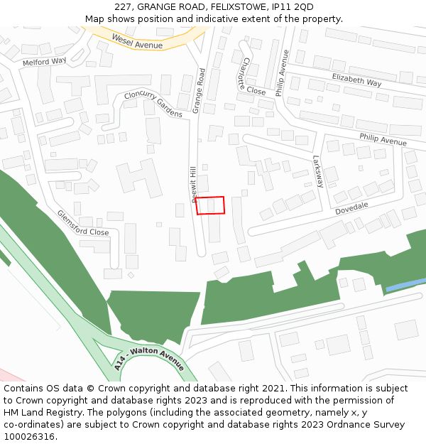 227, GRANGE ROAD, FELIXSTOWE, IP11 2QD: Location map and indicative extent of plot