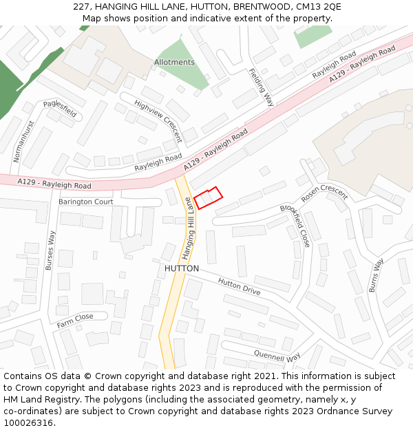 227, HANGING HILL LANE, HUTTON, BRENTWOOD, CM13 2QE: Location map and indicative extent of plot