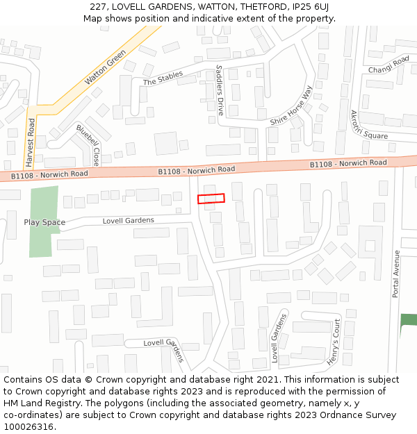 227, LOVELL GARDENS, WATTON, THETFORD, IP25 6UJ: Location map and indicative extent of plot