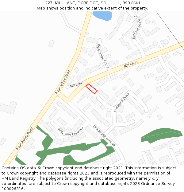 227, MILL LANE, DORRIDGE, SOLIHULL, B93 8NU: Location map and indicative extent of plot