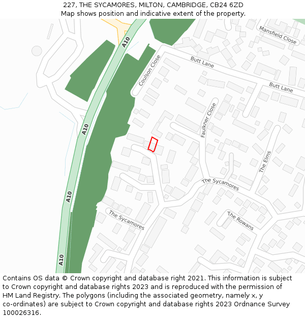 227, THE SYCAMORES, MILTON, CAMBRIDGE, CB24 6ZD: Location map and indicative extent of plot