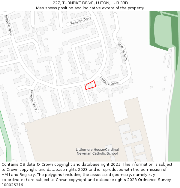 227, TURNPIKE DRIVE, LUTON, LU3 3RD: Location map and indicative extent of plot