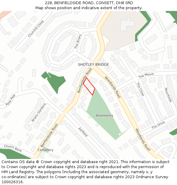 228, BENFIELDSIDE ROAD, CONSETT, DH8 0RD: Location map and indicative extent of plot