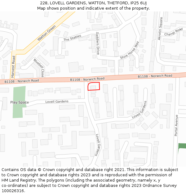 228, LOVELL GARDENS, WATTON, THETFORD, IP25 6UJ: Location map and indicative extent of plot