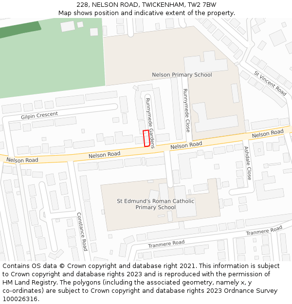 228, NELSON ROAD, TWICKENHAM, TW2 7BW: Location map and indicative extent of plot