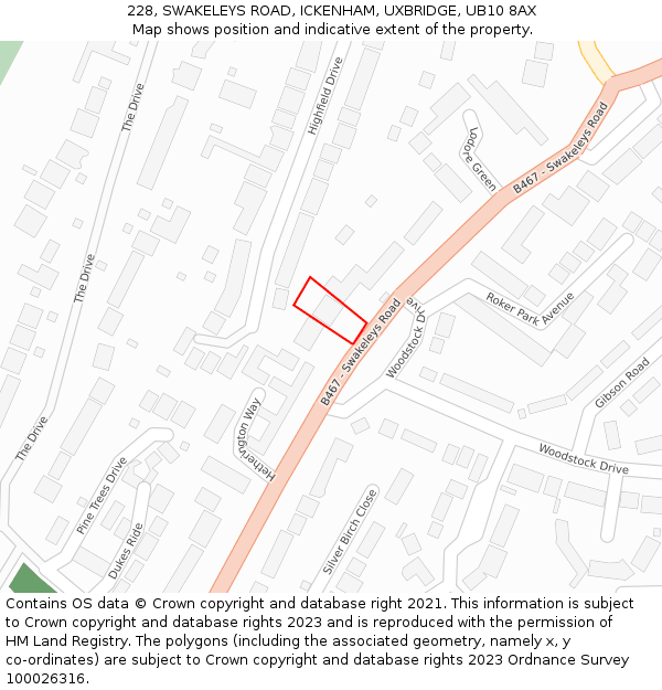 228, SWAKELEYS ROAD, ICKENHAM, UXBRIDGE, UB10 8AX: Location map and indicative extent of plot