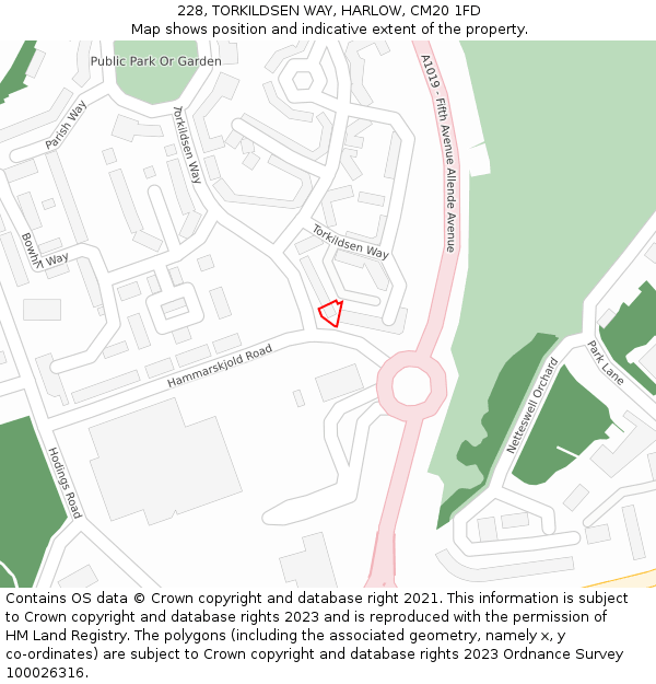 228, TORKILDSEN WAY, HARLOW, CM20 1FD: Location map and indicative extent of plot