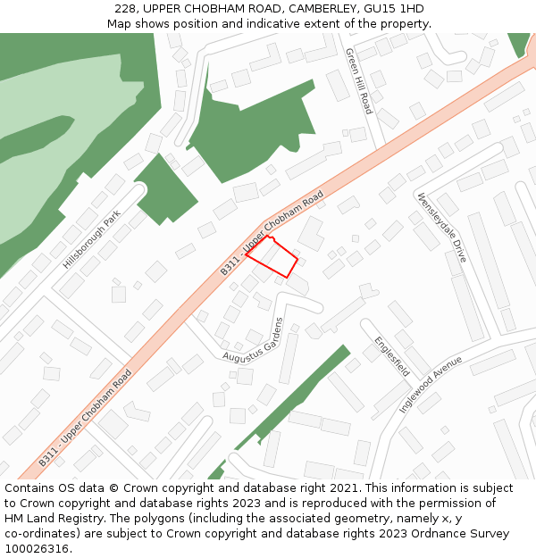 228, UPPER CHOBHAM ROAD, CAMBERLEY, GU15 1HD: Location map and indicative extent of plot