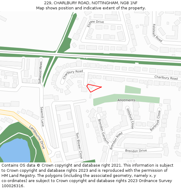 229, CHARLBURY ROAD, NOTTINGHAM, NG8 1NF: Location map and indicative extent of plot