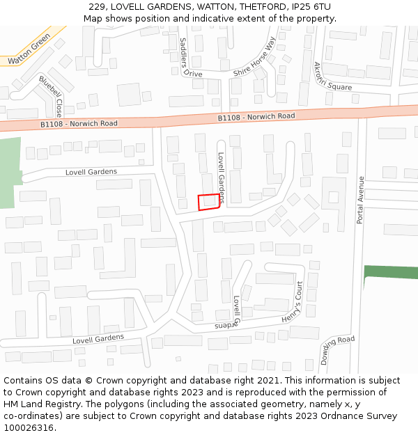 229, LOVELL GARDENS, WATTON, THETFORD, IP25 6TU: Location map and indicative extent of plot