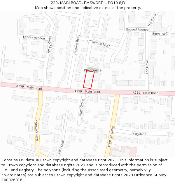 229, MAIN ROAD, EMSWORTH, PO10 8JD: Location map and indicative extent of plot