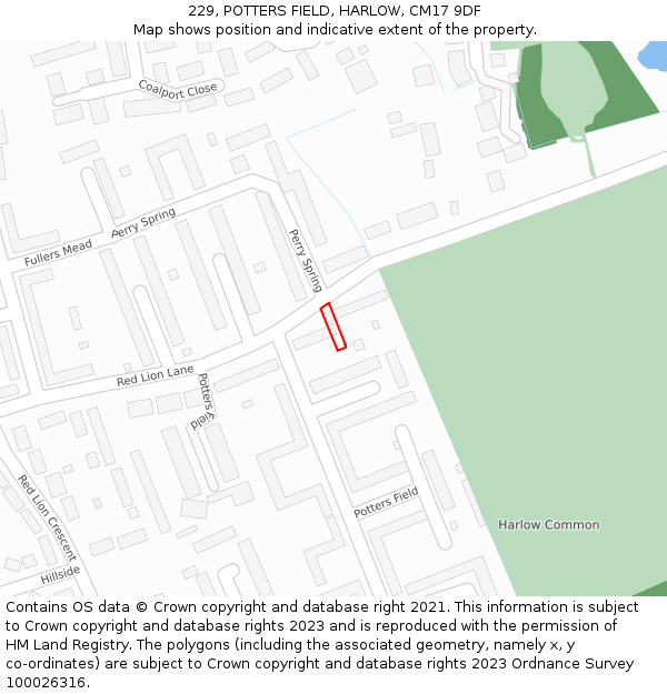 229, POTTERS FIELD, HARLOW, CM17 9DF: Location map and indicative extent of plot