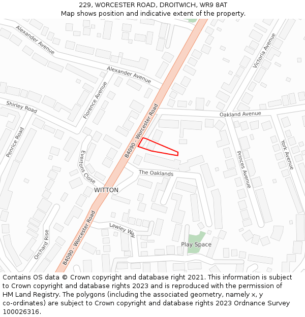 229, WORCESTER ROAD, DROITWICH, WR9 8AT: Location map and indicative extent of plot