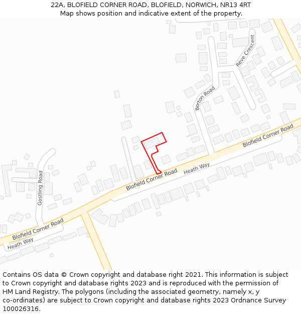 22A, BLOFIELD CORNER ROAD, BLOFIELD, NORWICH, NR13 4RT: Location map and indicative extent of plot