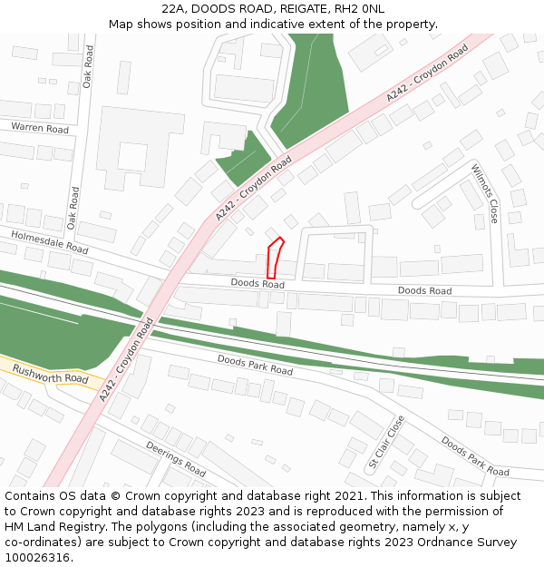 22A, DOODS ROAD, REIGATE, RH2 0NL: Location map and indicative extent of plot