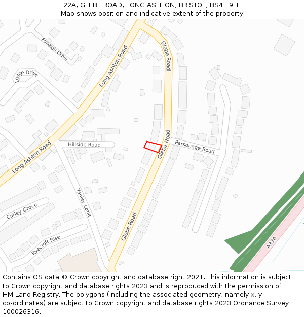 22A, GLEBE ROAD, LONG ASHTON, BRISTOL, BS41 9LH: Location map and indicative extent of plot