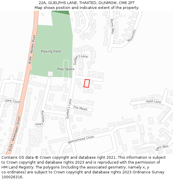 22A, GUELPHS LANE, THAXTED, DUNMOW, CM6 2PT: Location map and indicative extent of plot
