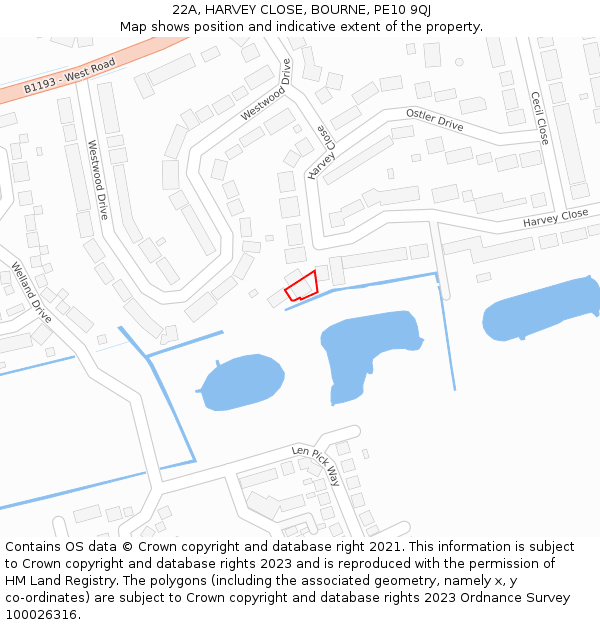 22A, HARVEY CLOSE, BOURNE, PE10 9QJ: Location map and indicative extent of plot