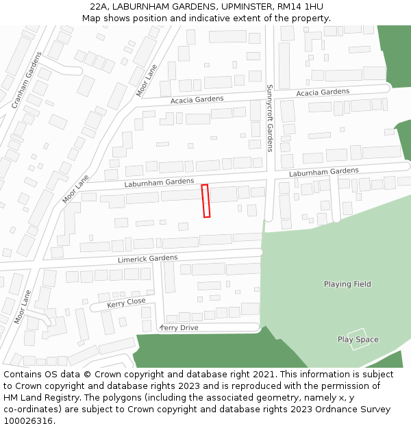 22A, LABURNHAM GARDENS, UPMINSTER, RM14 1HU: Location map and indicative extent of plot