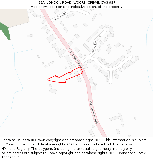 22A, LONDON ROAD, WOORE, CREWE, CW3 9SF: Location map and indicative extent of plot