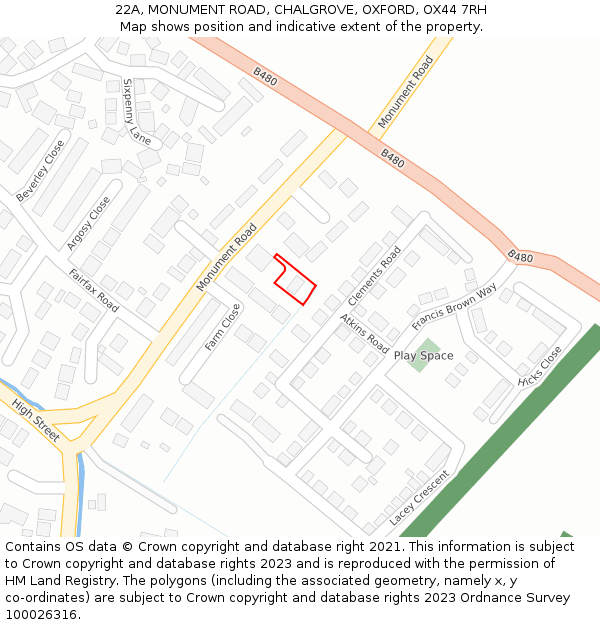 22A, MONUMENT ROAD, CHALGROVE, OXFORD, OX44 7RH: Location map and indicative extent of plot